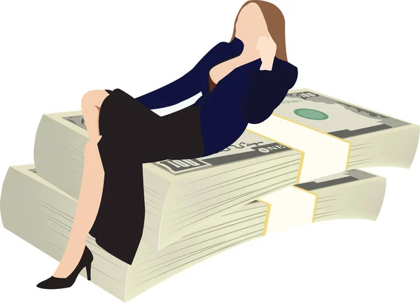 Beyaz Arka Planda Izole Edilmiş Dolarların Üzerinde Yatan Bir Kadını — Stok fotoğraf