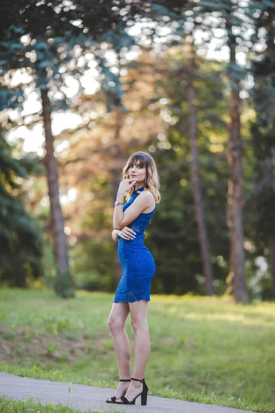 Attractive Caucasian Woman Wearing Blue Dress Blurred Forest Background — ストック写真