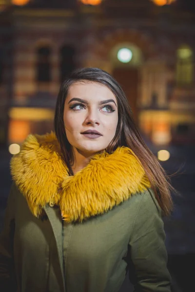 Attractive Bosnian Caucasian Woman Wearing Winter Coat Bokeh Lights Background — Stock Photo, Image