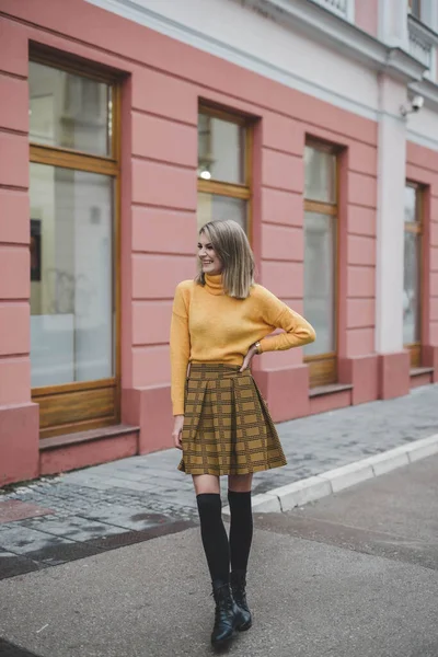 Attractive Bosnian Caucasian Woman Wearing Yellow Sweater Blurred Background — стоковое фото