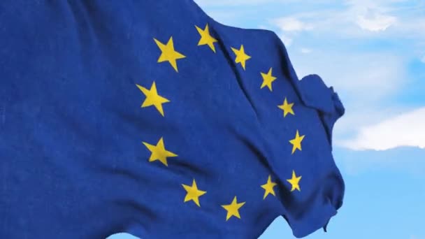 Flagga Europeiska Unionen Fladdrar Vinden Himlen Bakgrund — Stockvideo