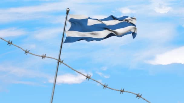 Bandera Grecia Ondeando Viento Con Alambre Púas Fondo Del Cielo — Vídeos de Stock