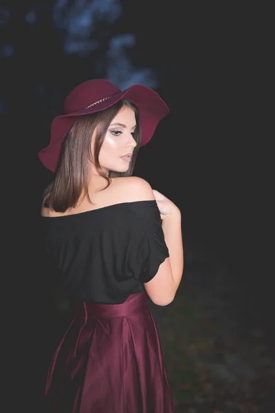 Vertical Portrait Young Caucasian Female Burgundy Skirt Hat — Stockfoto