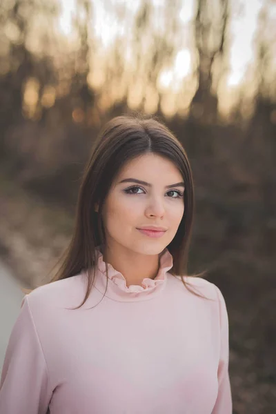 Retrato Vertical Una Joven Mujer Caucásica Elegante Vestido Rosa —  Fotos de Stock