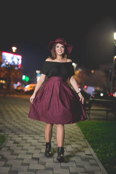 Vertical Shot Smiling Caucasian Female Burgundy Skirt Hat — Photo