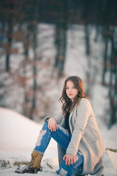 Tiro Vertical Uma Bela Jovem Posando Campo Nevado — Fotografia de Stock