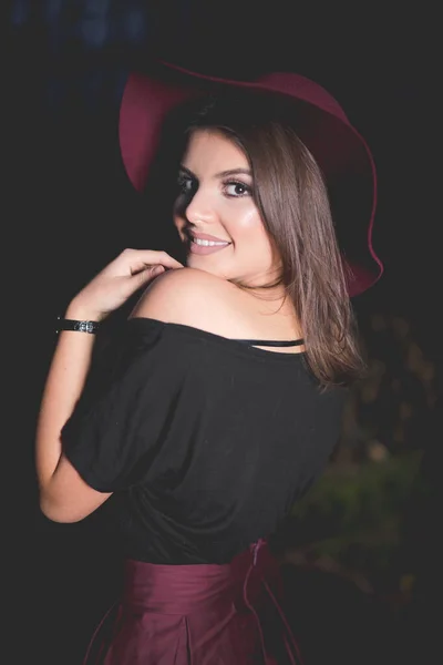 Vertical Portrait Smiling Caucasian Female Burgundy Skirt Hat — Stock Photo, Image