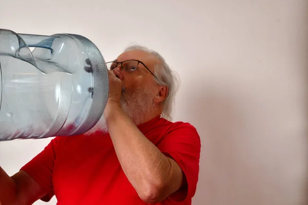 Elderly Male Trying Drink Water Huge Water Gallon — Zdjęcie stockowe