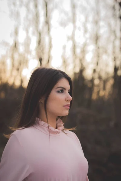 Vertical Portrait Young Caucasian Woman Elegant Pink Dress —  Fotos de Stock