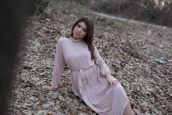 Young Caucasian Female Delicate Pink Dress Sitting Fallen Dry Trees — Stock Fotó