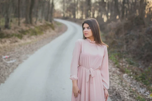 Young Caucasian Female Delicate Pink Dress Posing Road Forest — Stock Fotó