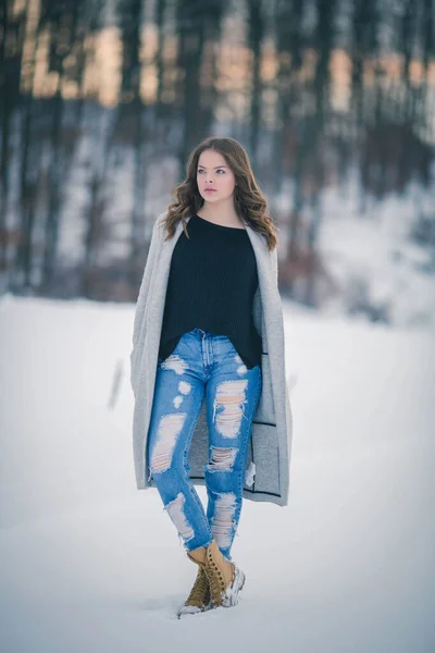 Disparo Vertical Una Hermosa Hembra Joven Posando Campo Cubierto Nieve —  Fotos de Stock