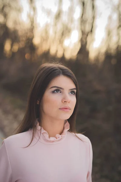 Portrait Young Caucasian Female Delicate Pink Dress Posing Forest — Photo