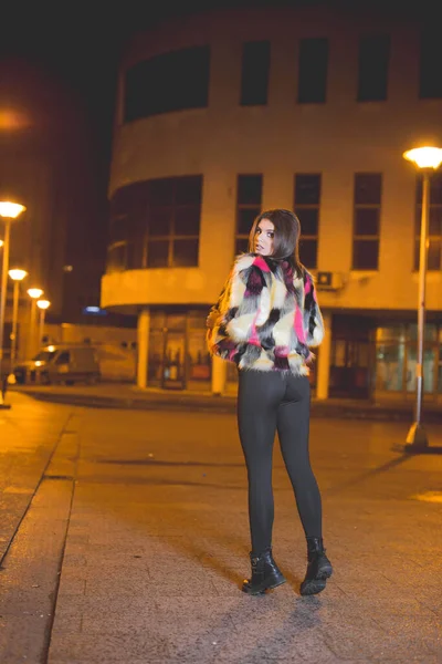 Vertical Shot Young Female Fashionable Jacket Posing Street Night — стоковое фото