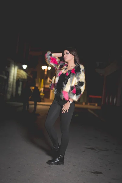 Vertical Shot Young Female Fashionable Jacket Posing Street Night — Stock fotografie