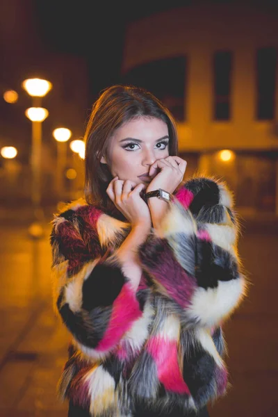 Vertical Shot Young Female Fashionable Jacket Posing Street Night — Stock fotografie