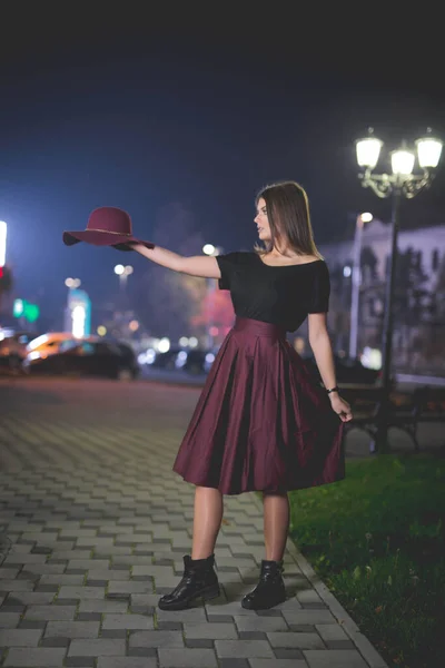 Vertical Shot Smiling Caucasian Female Burgundy Skirt Hat — стоковое фото