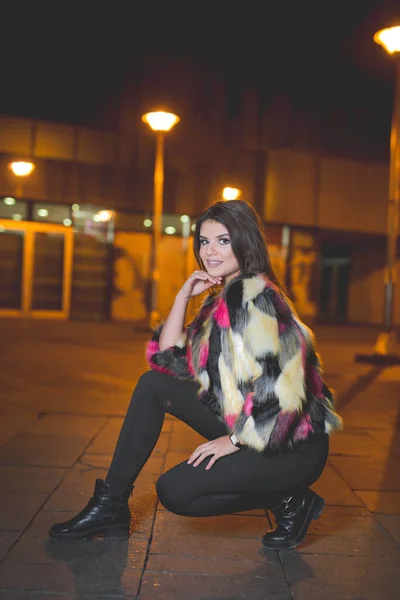 Vertical Shot Caucasian Female Wearing Fluffy Colorful Jacket Posing Nighttime — Photo