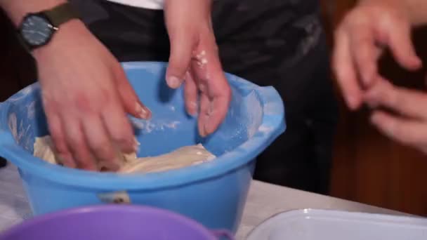 Person Mixing Dough Blue Bowl — Stok video