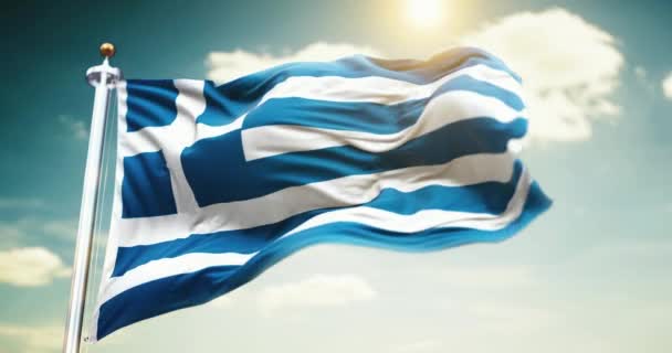 Flaga Grecji Trzepotanie Wietrze Tle Nieba — Wideo stockowe