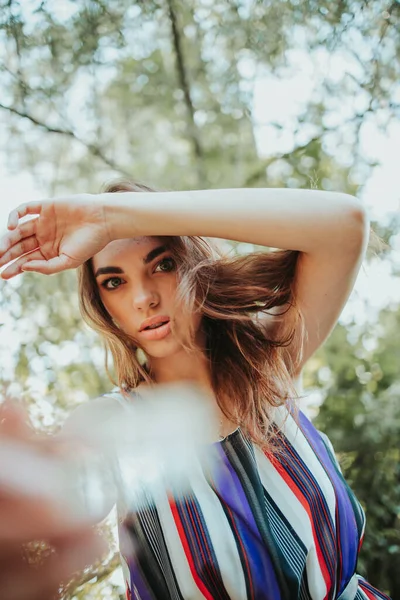 Vertical Portrait Young Caucasian Female Posing Forest — Photo