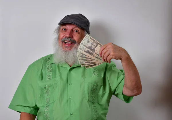 Caucasian Male Green Shirt Holding Dollars White Background — 스톡 사진