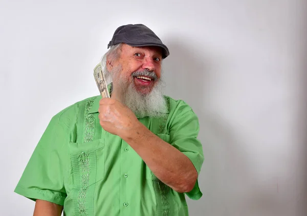 Caucasian Male Green Shirt Holding Dollars White Background — Stock fotografie