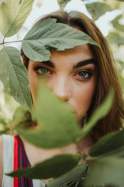 Vertical Portrait Young Caucasian Female Green Eyes Green Leaves —  Fotos de Stock