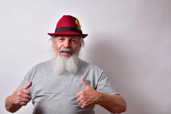 American Male Wearing Red Fedora Showing Double Thumbs — Stok fotoğraf