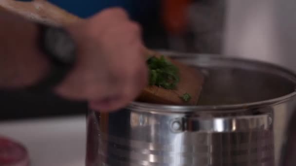 Closeup Footage Man Pouring Greens Bowl — Stok video