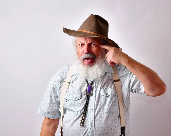 Angry Frustrated Senior Caucasian Male Hat White Background — Zdjęcie stockowe