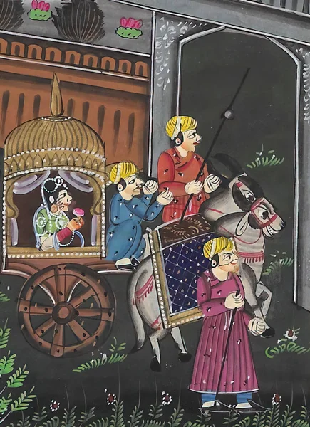 An illustration of an Indian woman from a royal family with her servants