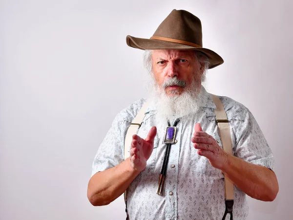 Senior Caucasian Bearded Male Describing Size Object White Background — Zdjęcie stockowe