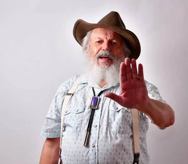 Senior Caucasian Bearded Male Showing Stop Gesture White Background — Zdjęcie stockowe