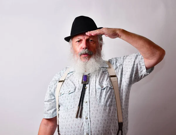 Senior Caucasian Bearded Male Saluting Hand White Background — Zdjęcie stockowe