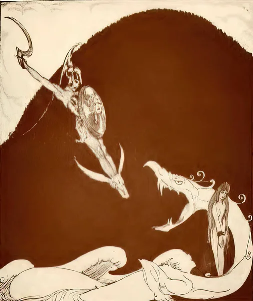Иллюстрация Греческого Бога Персея Спасающего Андромеду Морского Монстра — стоковое фото