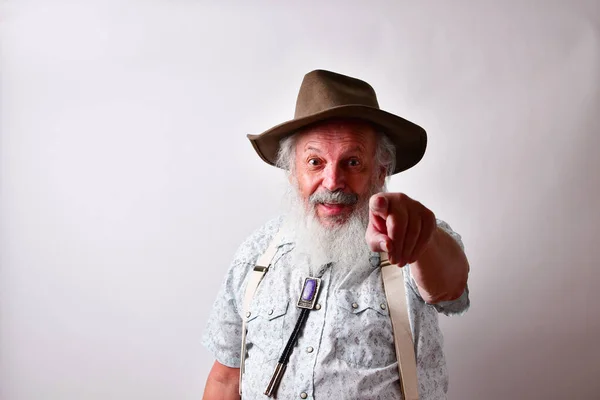 Senior Caucasian Bearded Male Pointing Straight Ahead White Background — Zdjęcie stockowe