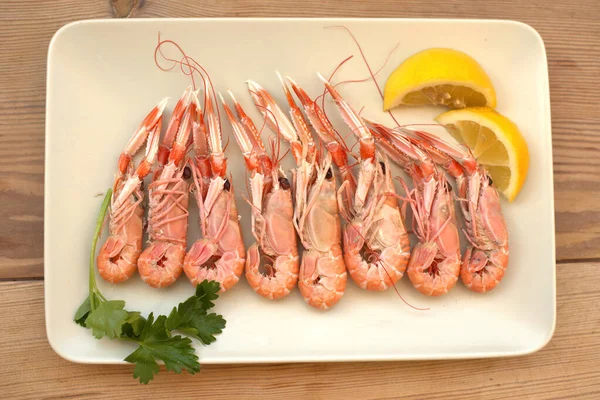 Boiled Crayfish Oil Lemon Sauce Plate Karavides Greek Wooden Table — Stock Photo, Image