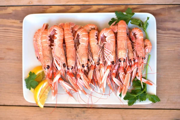 Boiled Crayfish Oil Lemon Sauce Plate Karavides Greek Wooden Table — Stock Photo, Image