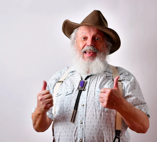 Positive Senior Caucasian Bearded Male Raising Both Thumbs — Zdjęcie stockowe