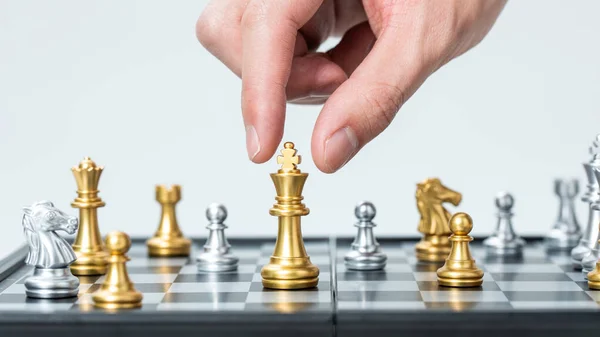 Closeup Shot Person Playing Chess Tiny Golden Pieces — Stock Photo, Image
