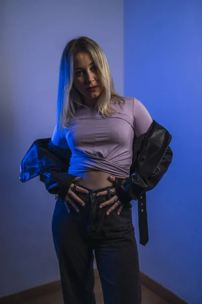 Attractive Caucasian Female Spain Leather Jacket Posing Studio Blue Lights — 스톡 사진
