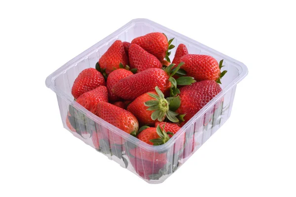 Fresh Red Ripe Strawberries Plastic Single Use Container Isolated White — Stock Photo, Image