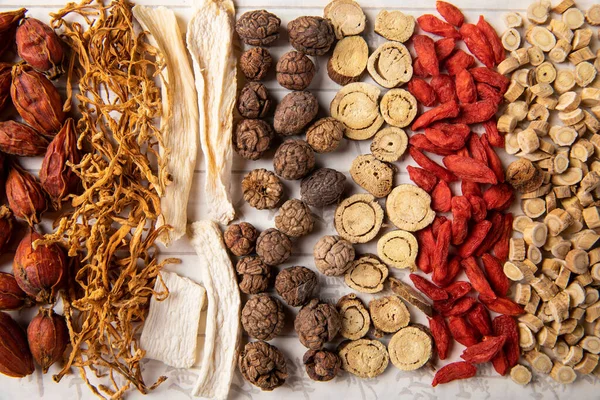 Flat Lay Chinese Herbal Medicines Table — Stock Photo, Image