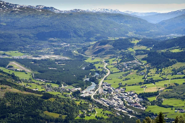 Aerial Shot Vossevangen Municipality Surrounded Greenery Covered Mountains Norway — Stock Photo, Image