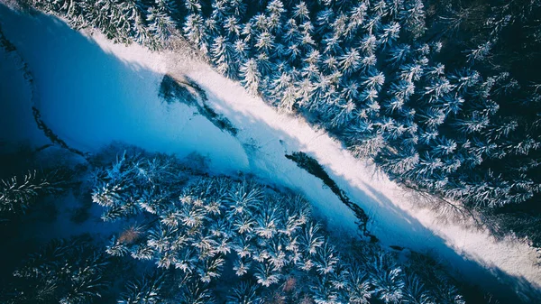 Luftaufnahme Eines Gefrorenen Flusses Durch Einen Wald Aus Schneebedeckten Fichten — Stockfoto