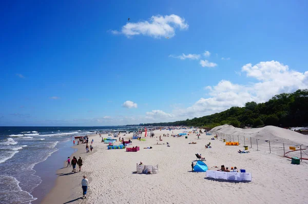 Kolobrzeg Polonia 2015 Mucha Gente Una Playa Con Bosque Verde — Foto de Stock