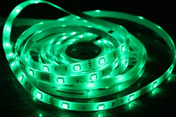 Primer Plano Rollo Luces Led Verdes Iluminadas — Foto de Stock