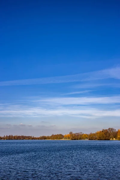 青い空の下の森の近くの湖の海岸の垂直ショット — ストック写真
