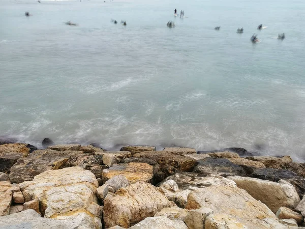 Een Close Van Steen Breakwater Het Strand Van Valencia Spanje — Stockfoto